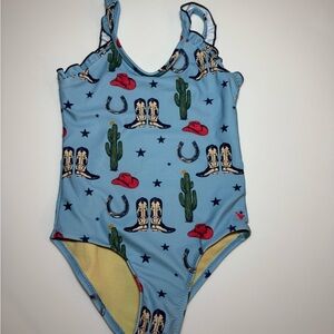 Pink Chicken Blue Western Print One-Piece Swimsuit